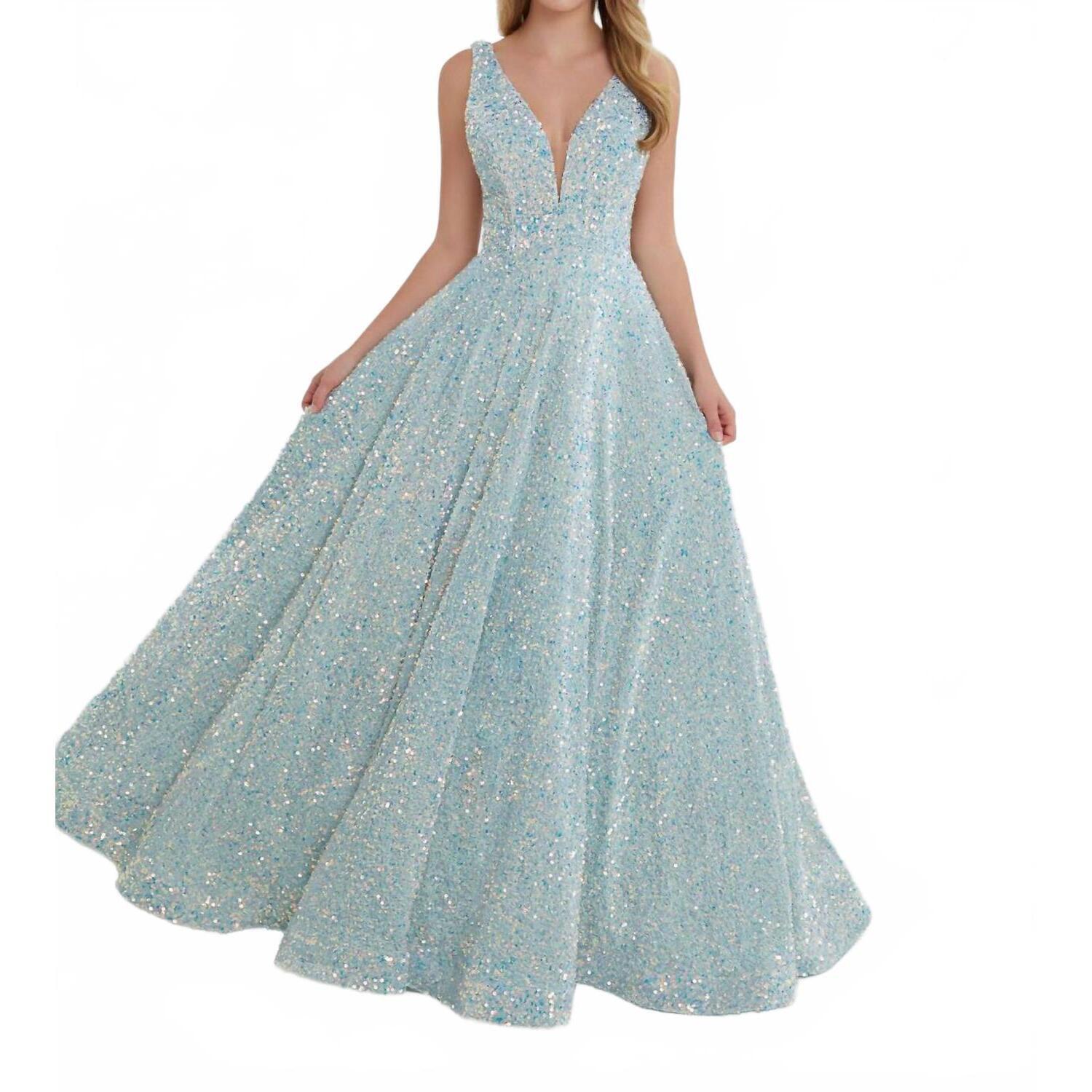 New House Of Wu Tiffany Plush Sequin Ball Gown In Teal